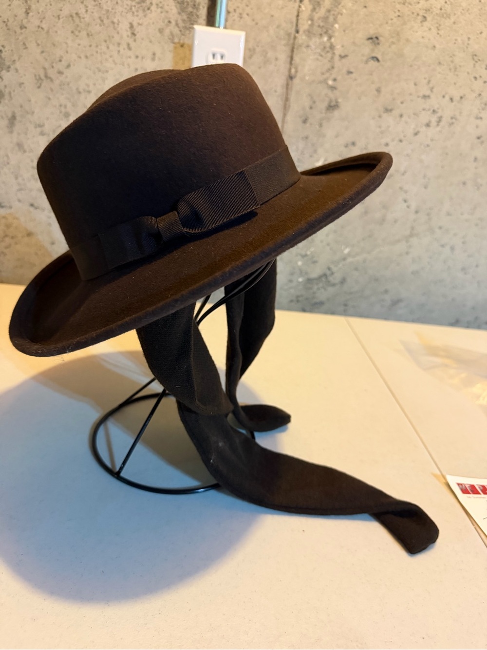 Women's Black Wool Wide-Brim Hat with Ribbon Tie